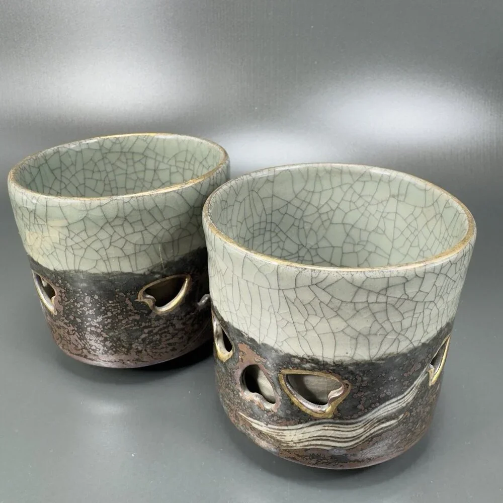 Otagiri SomaWare Gold Horse Cup Tumbler Porcelain Obori Crackled Glaze Set2 Cups